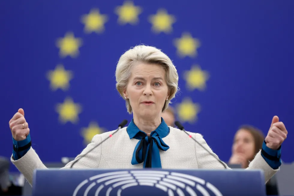 EU-kommisjonens leder Ursula von der Leyen i EU-parlamentet i forrige uke.