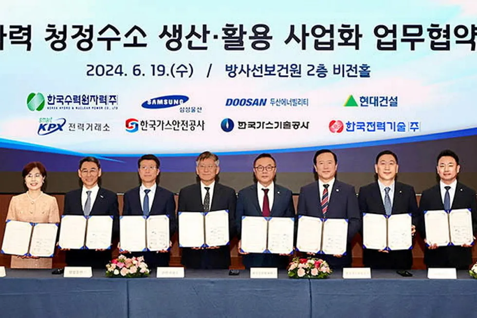 Senior executives from eight companies at the signing ceremony in Seoul earlier today.