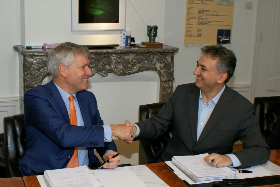 Deal signed: (left to right) Koos-Jan van Brouwershaven, chief executive of Heerema Fabrication Group, and Imad Mohsen, chief executive of Tulip Oil