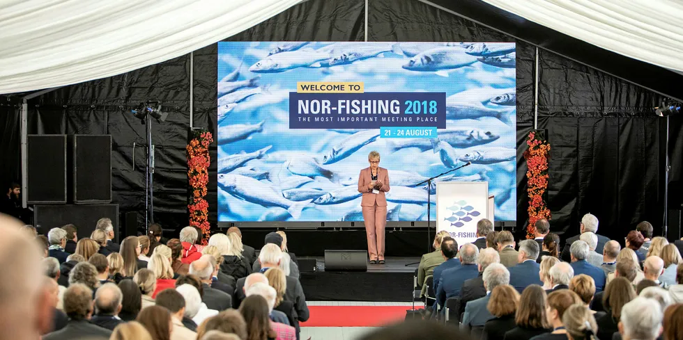 Per i dag er det usikkert om Nor-Fishing 2020 vil bli arrangert. Her ser vi styreleder i stiftelsen, Liv Holmefjord, på åpningsdagen av utstyrsmessen i 2018.