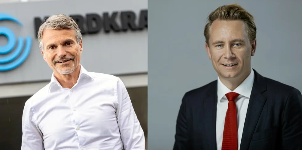 Nordkraft-sjef Eirik Frantzen (til venste) og Kristian Røkke, som er sjef i Aker Horizons har inngått samarbeid.