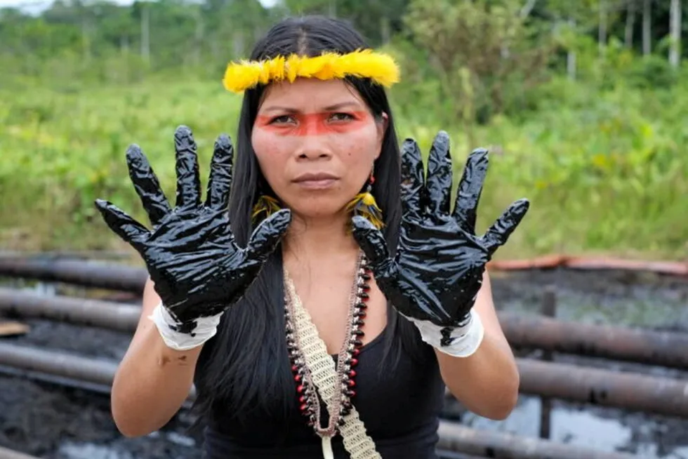 Hands on: An indigenous woman protests against an oil spill in Ecuador.