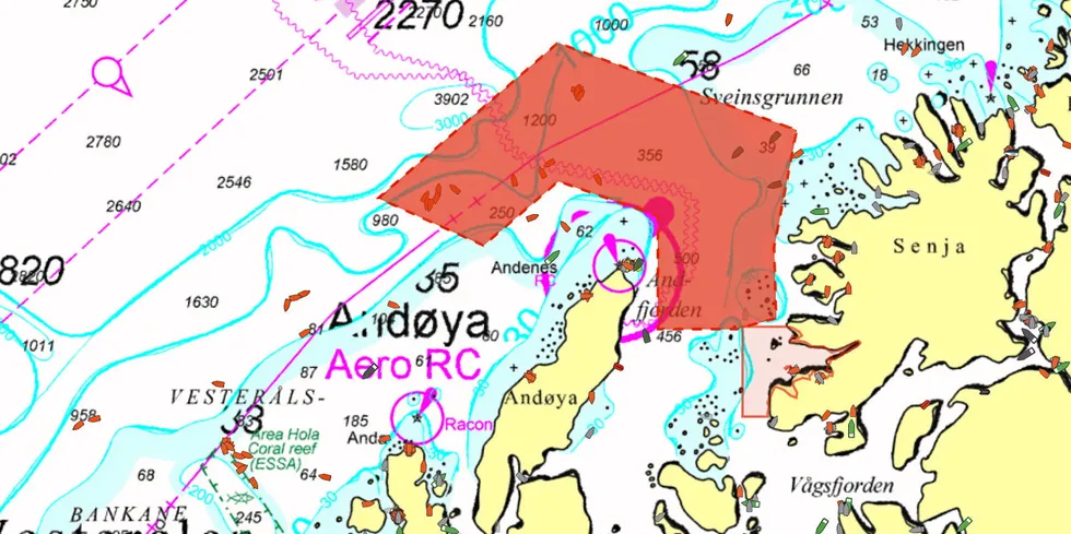 Slik kan fareområder rundt Andøya bli varslet hos Barentswatch. Her ligger det an til utfordringer for fiskeriaktiviteten i området.