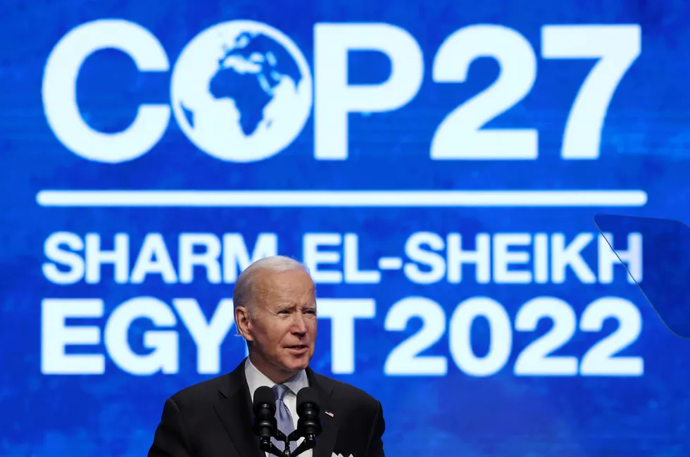 President Joe Biden speaking at COP27 in Egypt on 11 November.