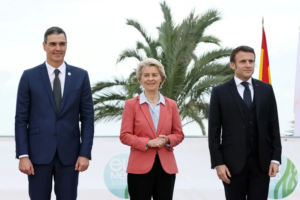 Greener plans: Spain’s Prime Minister Pedro Sanchez (left), European Commission President Ursula von der Leyen (centre) and France’s President Emmanuel Macron (right) pictured during the EU-MED9 Euro-Mediterranean Group Summit last week in Alicante
