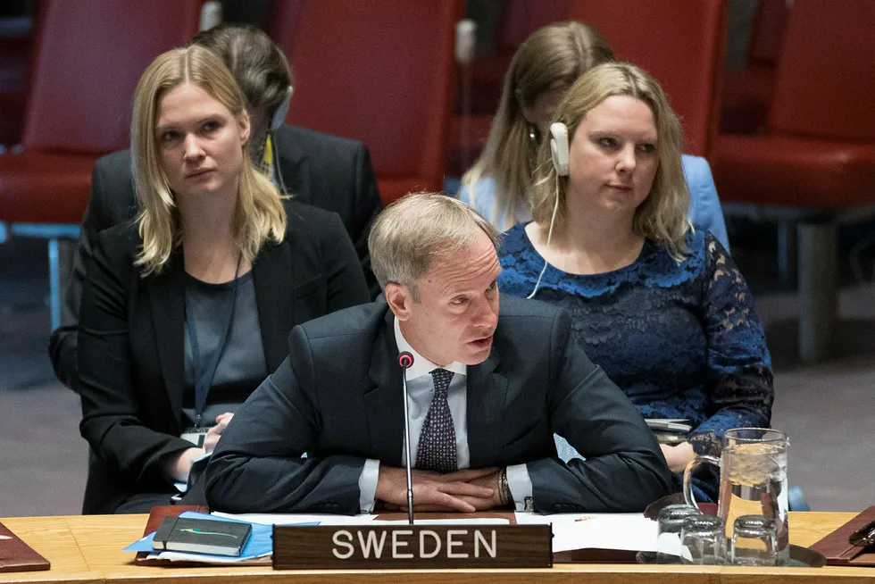 Sveriges FN-ambassadør Olof Skoog under et møte i FNs sikkerhetsråd. Foto: Mary Altaffer / AP / NTB scanpix
