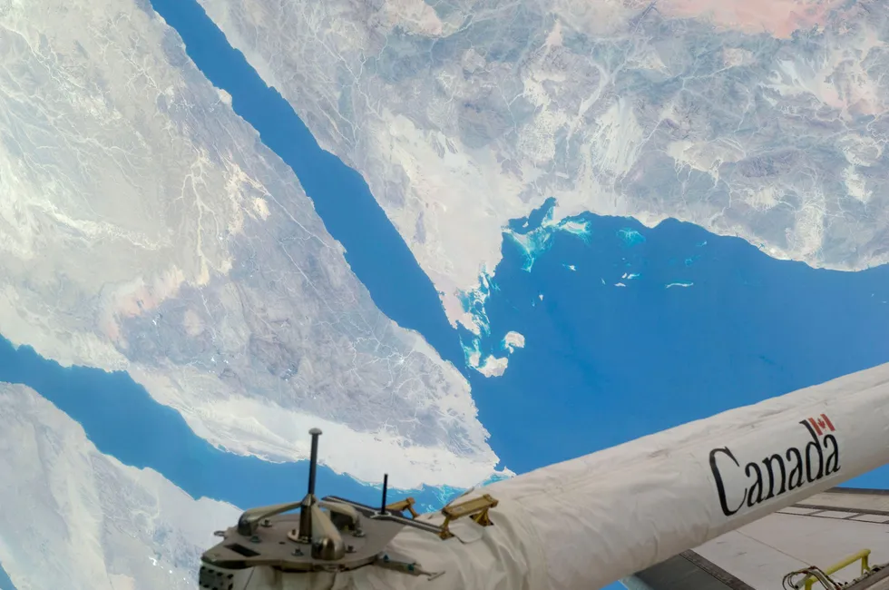 Rig play: The Gulf of Suez (bottom) adjacent to Egypt’s Sinai peninsula, as seen from space shuttle Endeavour in 2009.