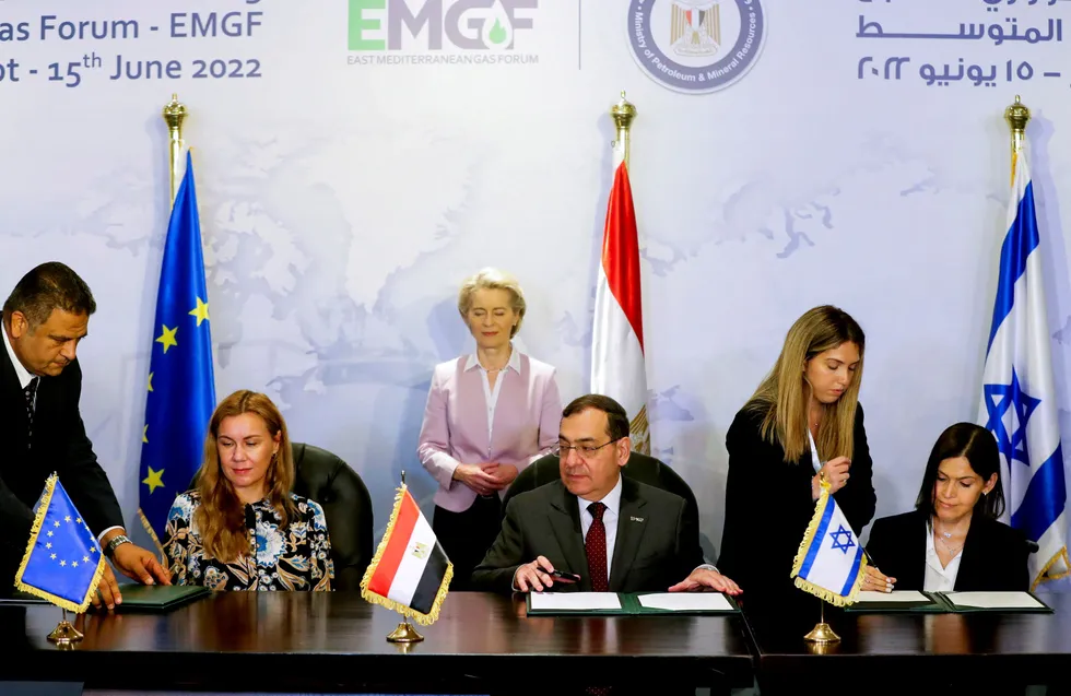 Major initiative: European Commission President Ursula von der Leyen looks on as EU Energy Commissioner Kadri Simson (left), Egyptian Minister of Petroleum Tarek El Molla (centre) and Israeli Minister of Energy Karine Elharrar (right) sign a gas cooperation agreement in Cairo