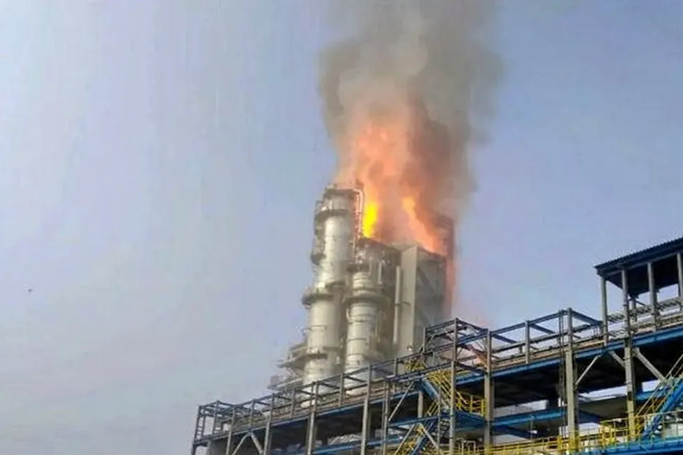 Ablaze: a fire raging on the second train at the Amur gas processing plant, operated by Gazprom near the town of Svobodny in East Siberia, Russia