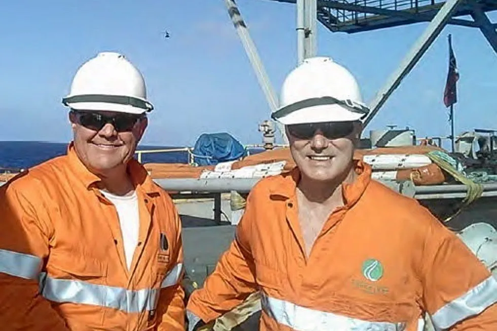 On location: Jadestone Energy chief executive Paul Blakeley (left) and Owen Hobbs at the Montara oilfield offshore Australia.