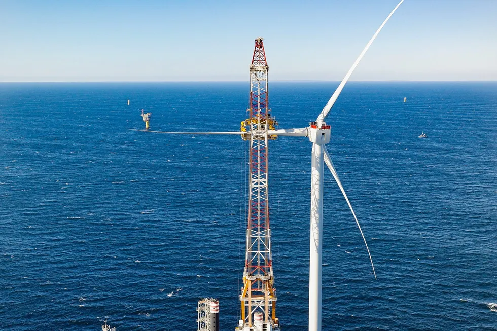 Orsted's installation of 11MW Siemens Gamesa turbine at South Fork, completed last year. Orsted is currently constructing Revolution and Sunrise wind farms