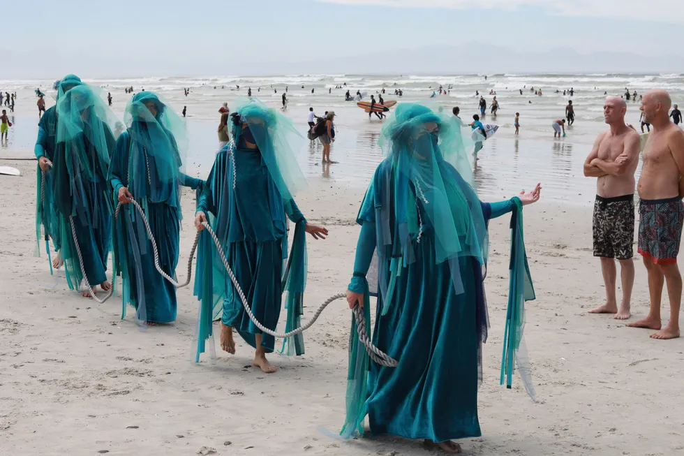 Protests: Ocean Rebels, an Extinction Rebellion Cape Town performance group, protest against seismic surveys off the western South African coastline at Muizenberg beach