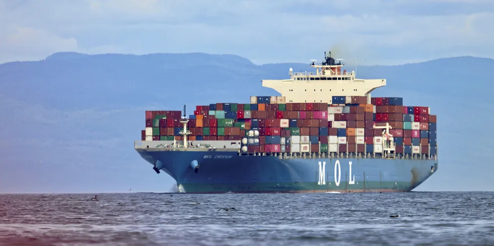 The container vessel MOL Creation on the transpacific shipping route off the west coast of Canada.