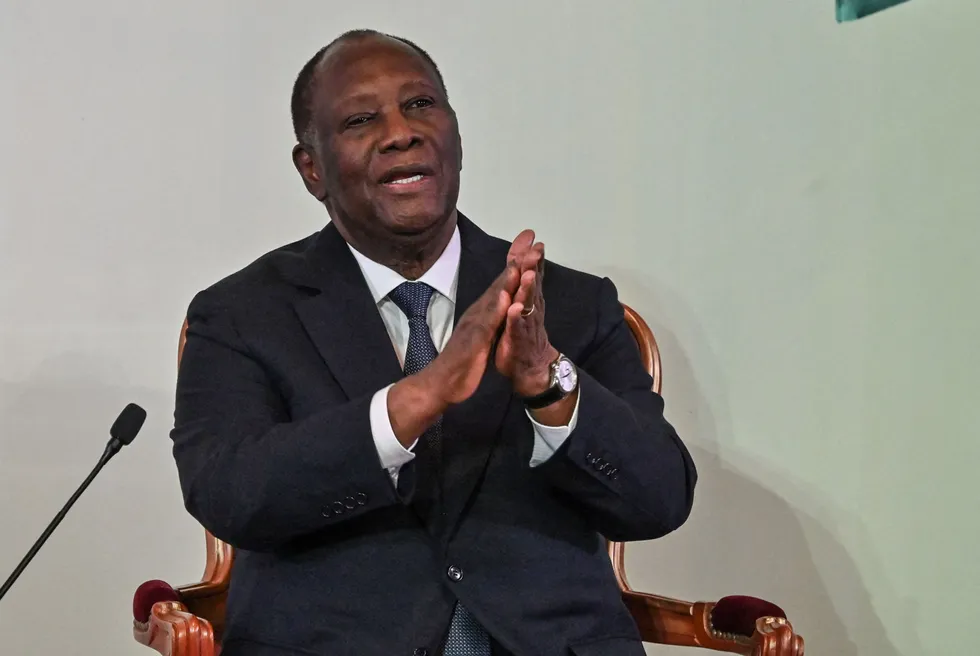 Good cheer: Ivory Coast President Alassane Ouattara (pictured) met Eni chief executive Claudio Descalzi in Abidjan to celebrate first oil from Baleine field.
