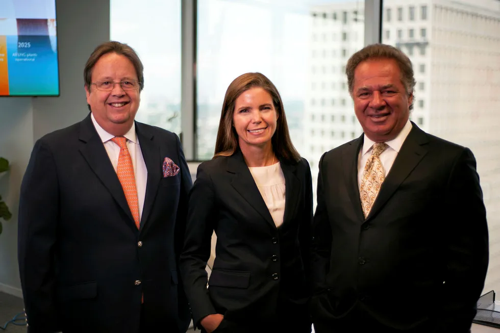 Tellurian founders Martin Houston (left) and Charif Souki (right), with chief executive Meg Gentle (centre).
