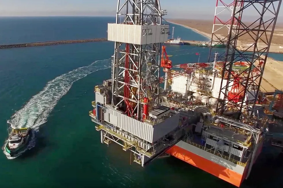 First job: Kazakhstan's jack-up drilling rig Satti moored near the Azeri capital of Baku