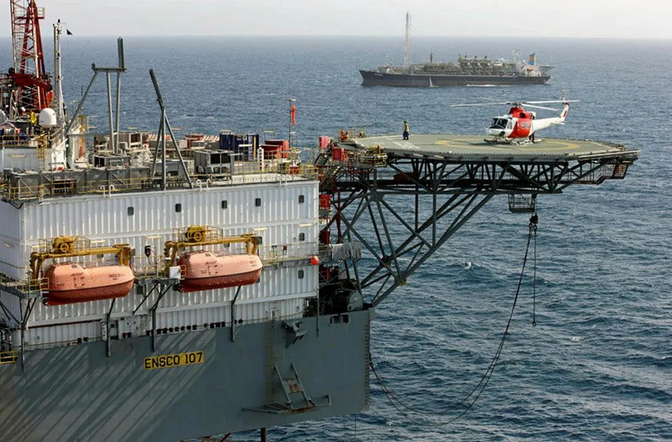 Happier days: the jack-up Valaris 107 (formerly Ensco 107) drilling at the Maari field