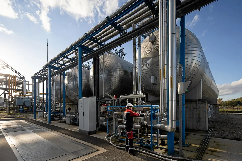 Gas storage tanks at Port Jerome in France, where Air Liquide operates carbon capture technology for hydrogen production.