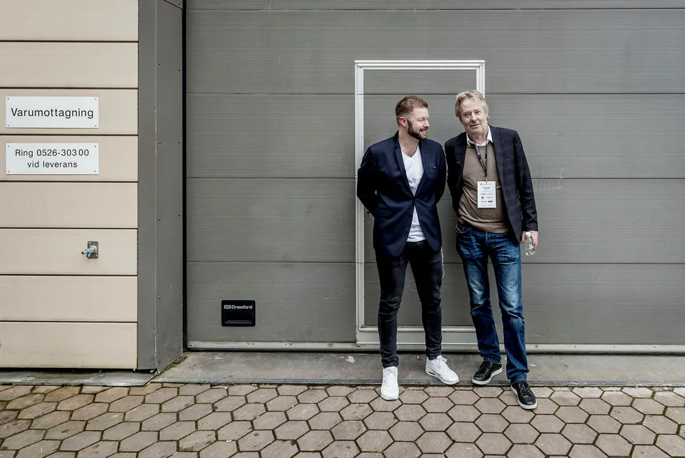 Even Aas-Eng, administrerende direktør av Venture Factory (t.v.) og Torry Pedersen, leder for Schibsted Medier, møtte hverandre til debatt under Mediekonferansen 2017. Foto: Gorm K. Gaare