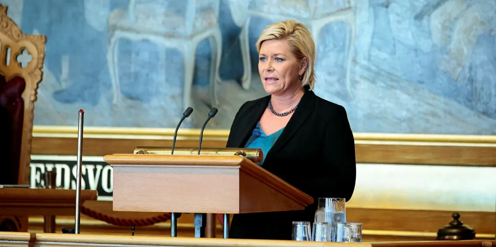 Finansminister Siv Jensen på Stortingets talerstol. Arkivfoto: Haakon Mosvold Larsen/ NTB Scanpix