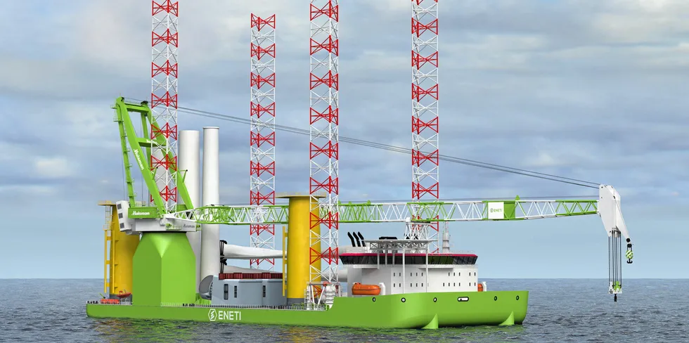 CGI of Eneti's in-construction Mistral wind turbine installation vessel