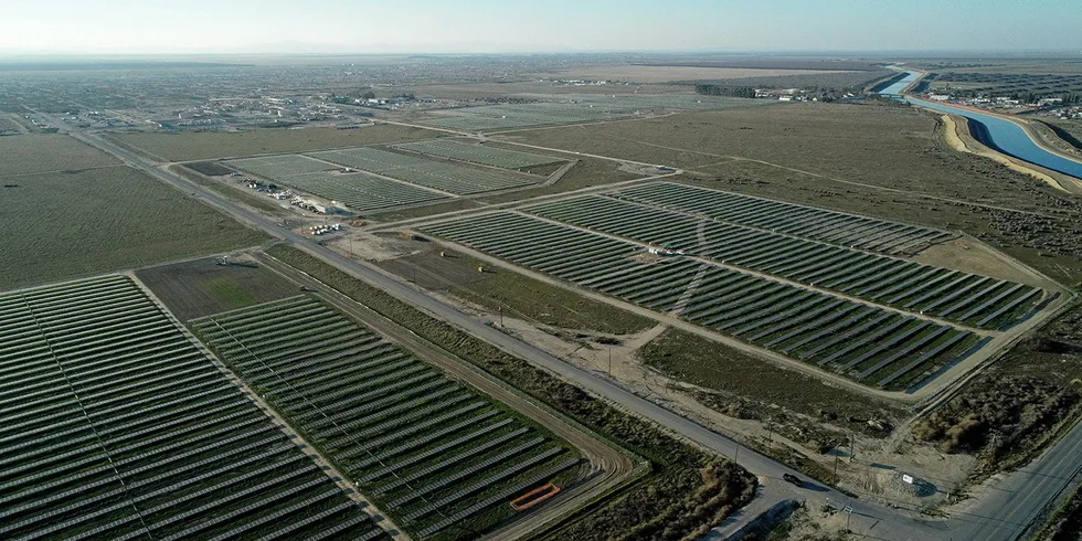 An aerial photograph of the 29MW Lost Hills solar array.