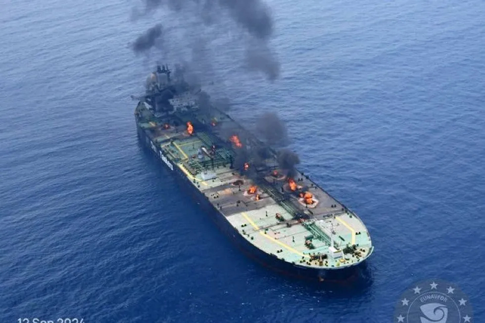 Houthi attacks caused fires on the 163,800-dwt tanker Sounion (built 2006) in the Red Sea last month.