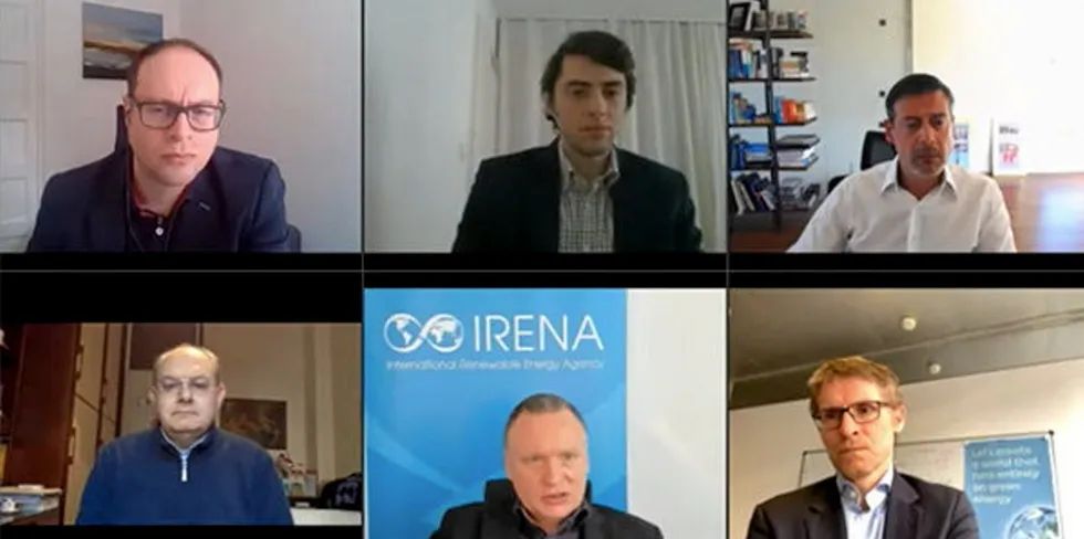 Enlit Europe webinar co-organised by Irena and Recharge - (clockwise from top left), moderator Leigh Collins; TransnetBW head of trading Pavel Zolotarev; Sonnedix chief operating officer Marc Lohoff; Enel head of business development Carlo Zorzoli; Dolf Gielen, head of the International Renewable Energy Agency's innovation and Technology Centre; Orsted vice-president for regulatory affairs, Ulrik Stridbaek