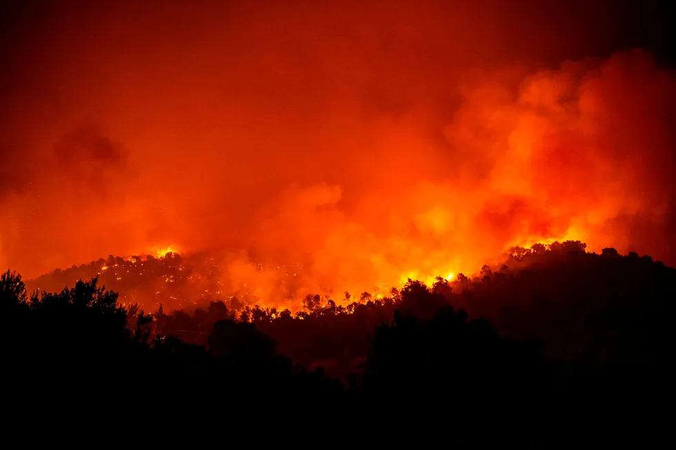 Flere store skogbranner herjer i Hellas. Verst er det på øya Evia, nær landsbyen Makrimalli der bildet er tatt.
