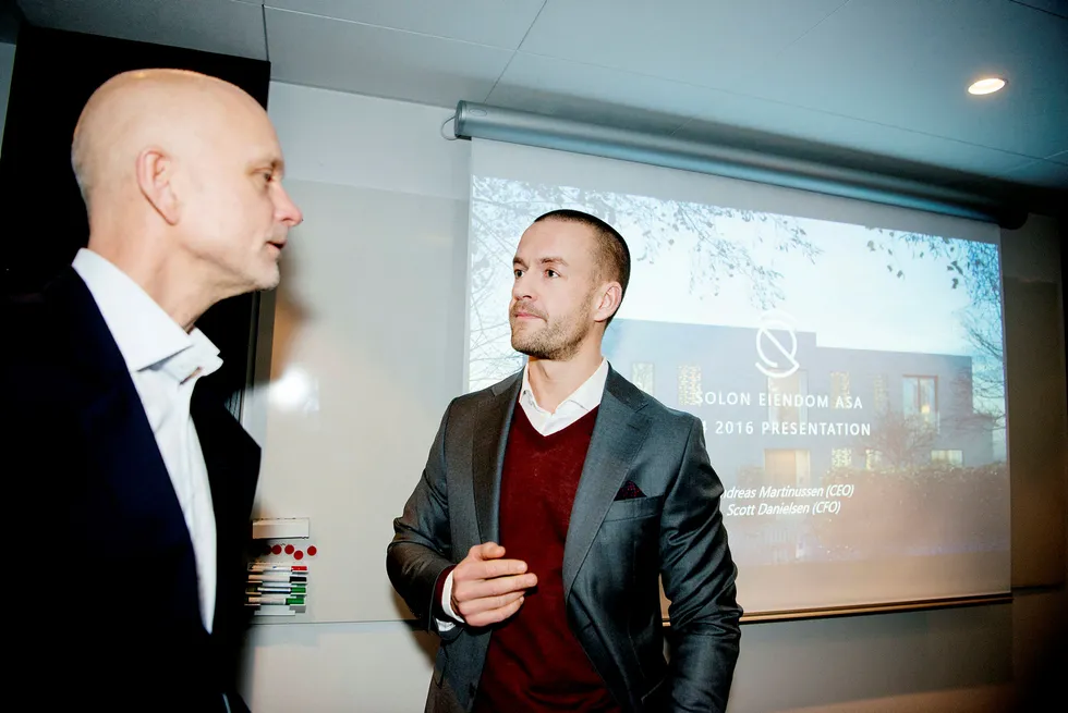 Finansdirektør Scott Danielsen (fra venstre) og administrerende direktør Andreas Martiniussen i Solon Eiendom. Foto: Mikaela Berg