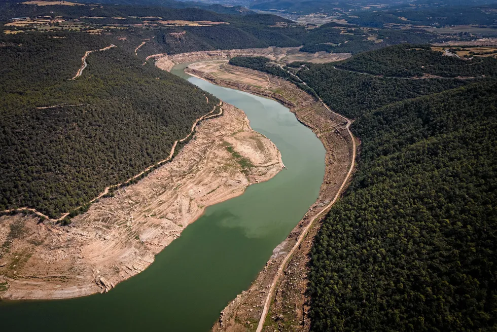 An aerial view of the Rialb reservoir in Spain in May 2023, at just 8% of its capacity due to drought.