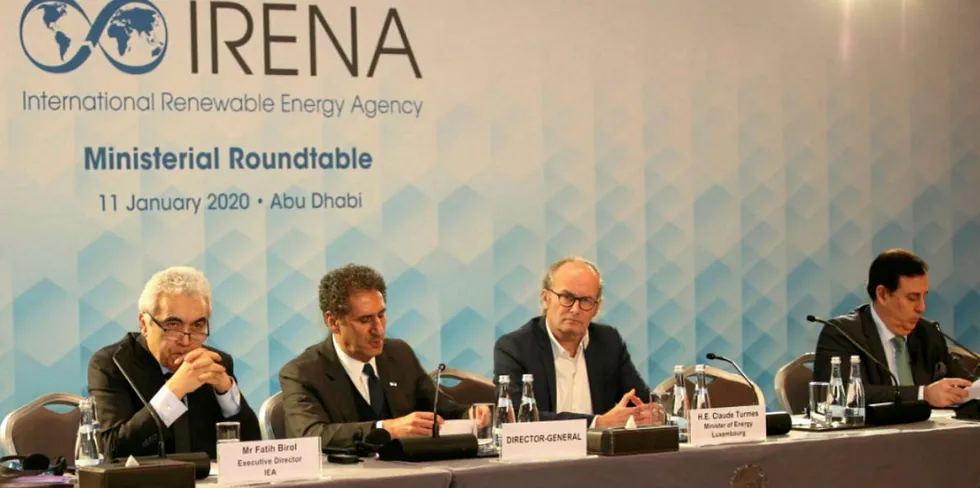 IEA executive director Fatih Birol (left) and Irena director-general Francesco La Camera (second left) at the Irena Assembly ministerial roundtable.