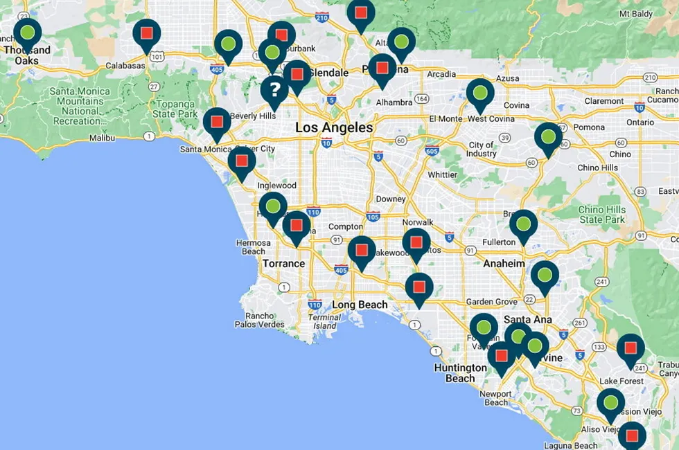 A screenshot of the station map on the H2FCP website, showing the Los Angeles metropolitan area, taken at about 7am California time on Friday. The red squares signify offline stations, with the green circles showing those that are open (the question mark shows a station closed for refurbishment).