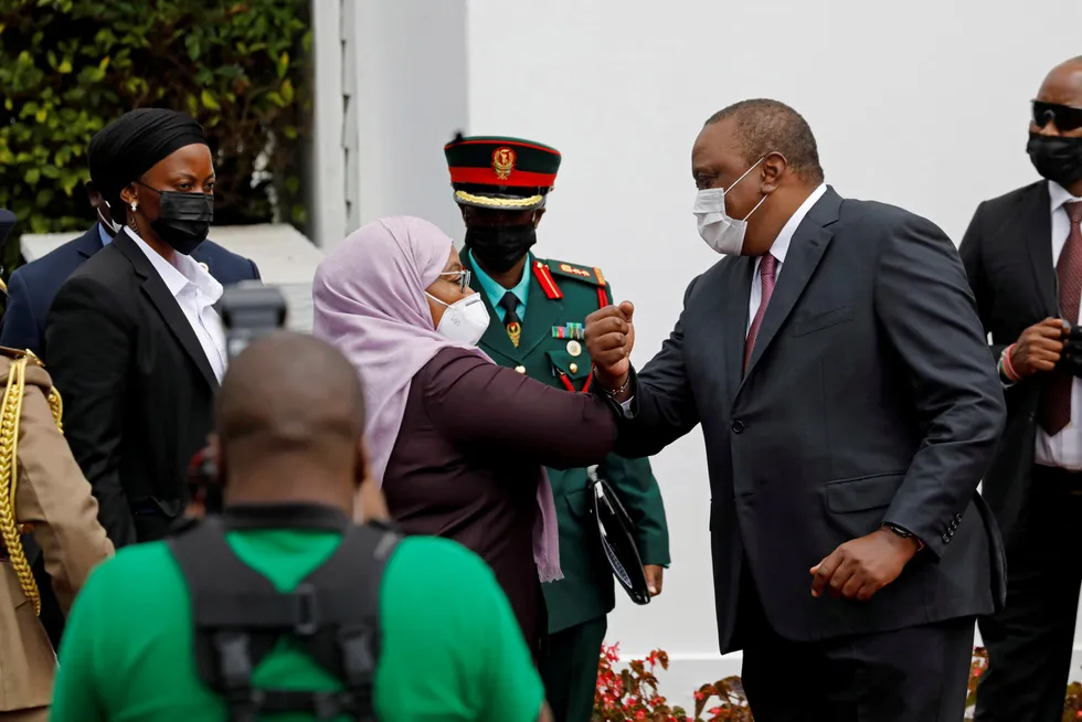 Gas deal: Tanzanian President Samia Suluhu Hassan (left) is greeted by Kenya's President Uhuru Kenyatta at State House in Nairobi, Kenya last week