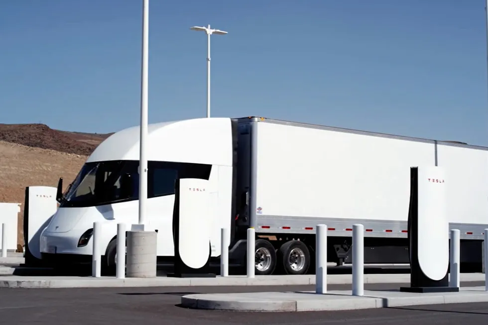 The Tesla Semi battery-electric truck at a charging station.
