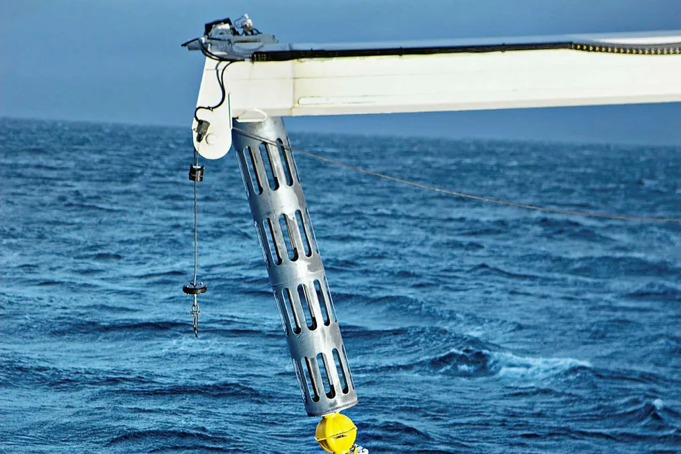 In action: a receiver is lowered to the seabed in a controlled source electromagnetic survey