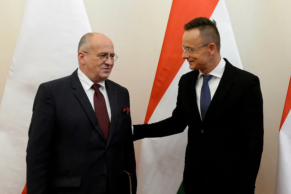 Ungarns utenriksminister Péter Szijjártó (til høyre) tok imot sin polske kollega Zbigniew Rau mandag.