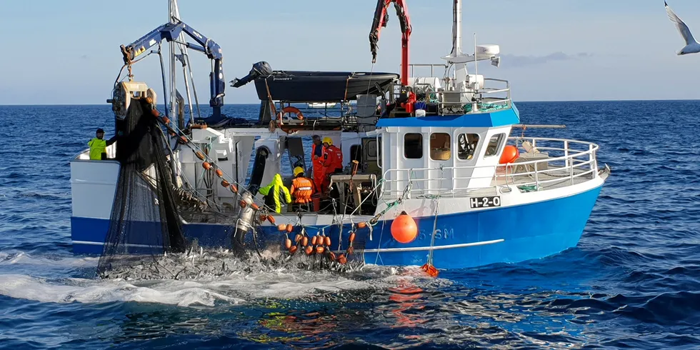 «Elias» i fiske på Vestfjorden. Her er for anledningen Kystvakten på visitt for å sjekke at alt foregår etter boka.