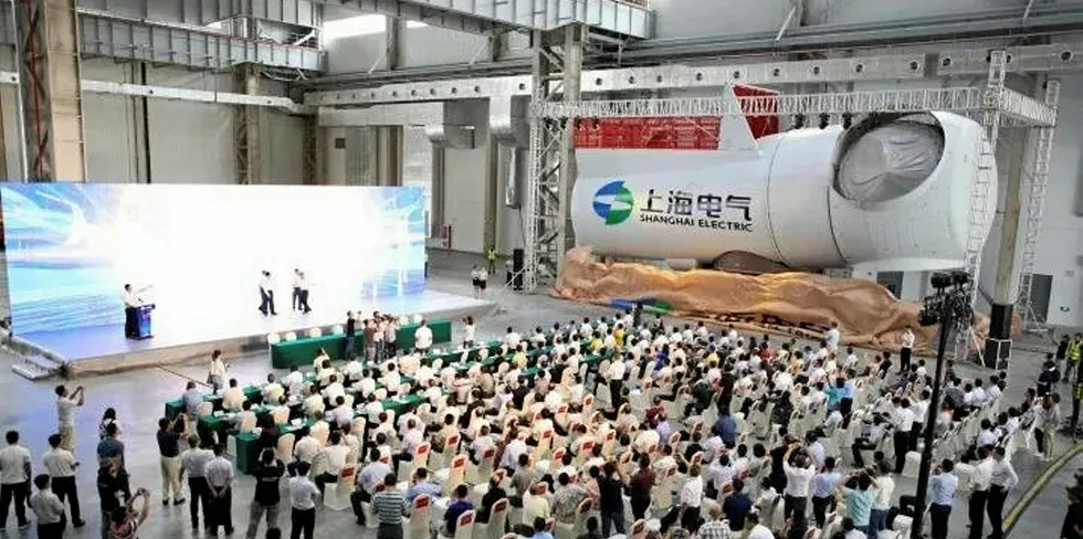The launch of Shanghai Electric's 8MW turbine, with the prototype nacelle on display, at the company's factory in Guangdong province.
