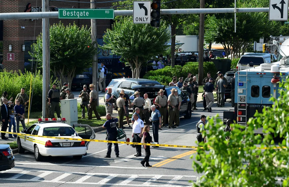 Avisen The Capital Gazette ble utsatt for et angrep torsdag. Fem mennesker døde. Foto: Susan Walsh / AP / NTB scanpix