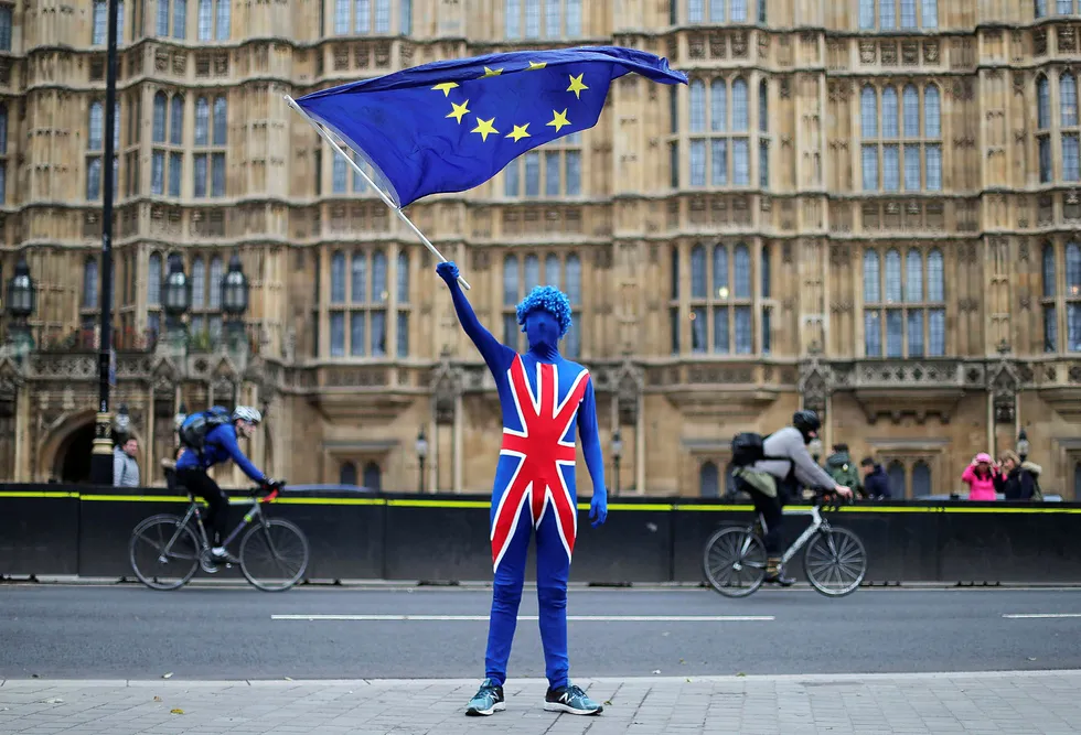 En antibrexitdemonstrant kledd i det britiske flagget vifter med et EU-flagg foran Parlamentet i London. Foto: Daniel Leal-Olivas/AFP/NTB Scanpix