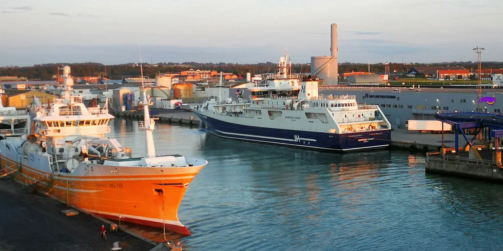 «Norwegian Gannet» (t.h.) ved havn i Hirtshals.