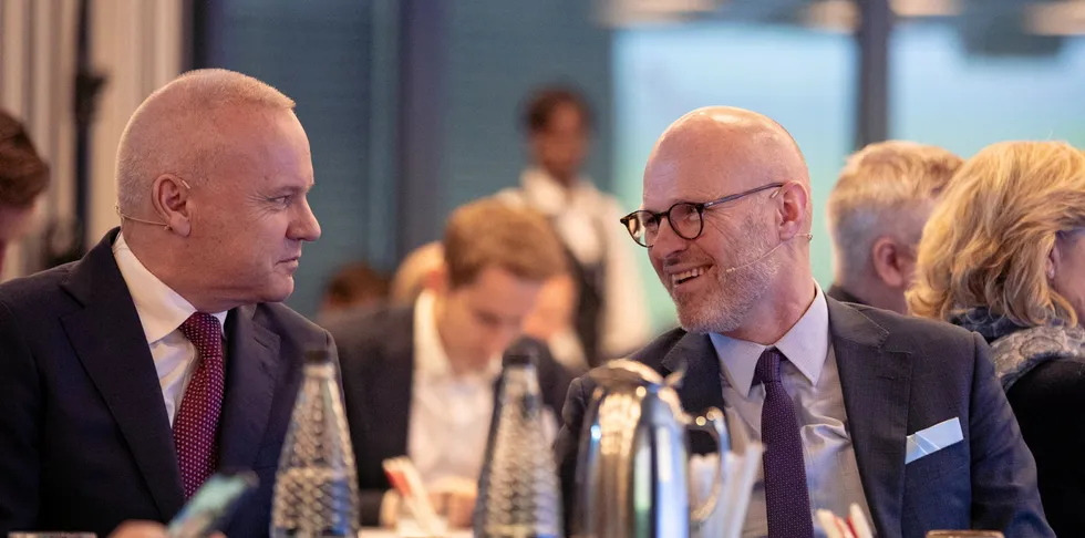 Equinor CEO Anders Opedal and CFO Torgrim Reitan enjoy a moment at Photos from the company's Capital Markets Update 2024 in London..