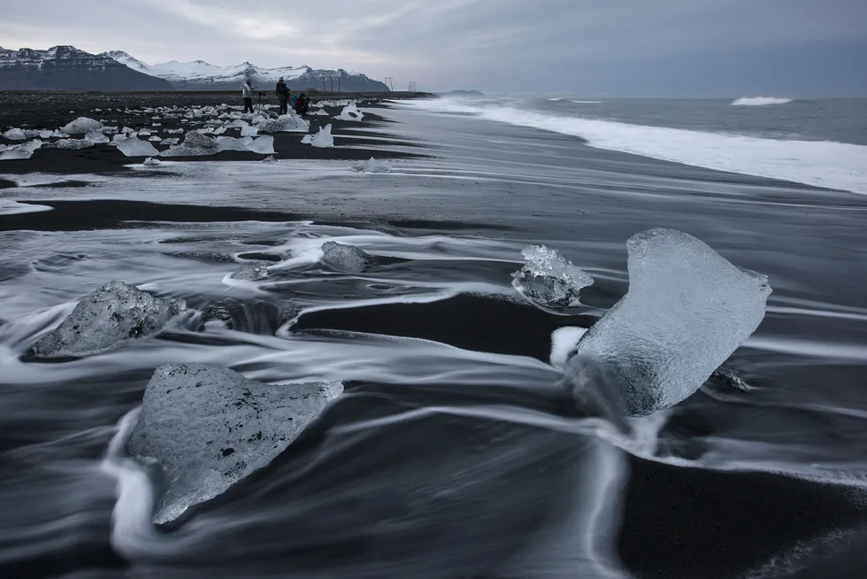 Offshore wind plans: chunks of ice on Diamond Beach, where the Jokulsarlon glaciar lagoon meets the sea in southeastern Iceland