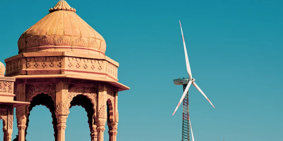 Bada Bagh temple with old-model wind turbine in Jaisalmer, India