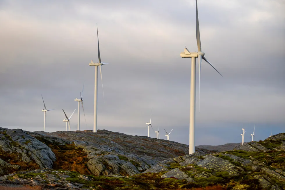 Bildet viser Storheia vindpark i Åfjord kommune i Trøndelag.