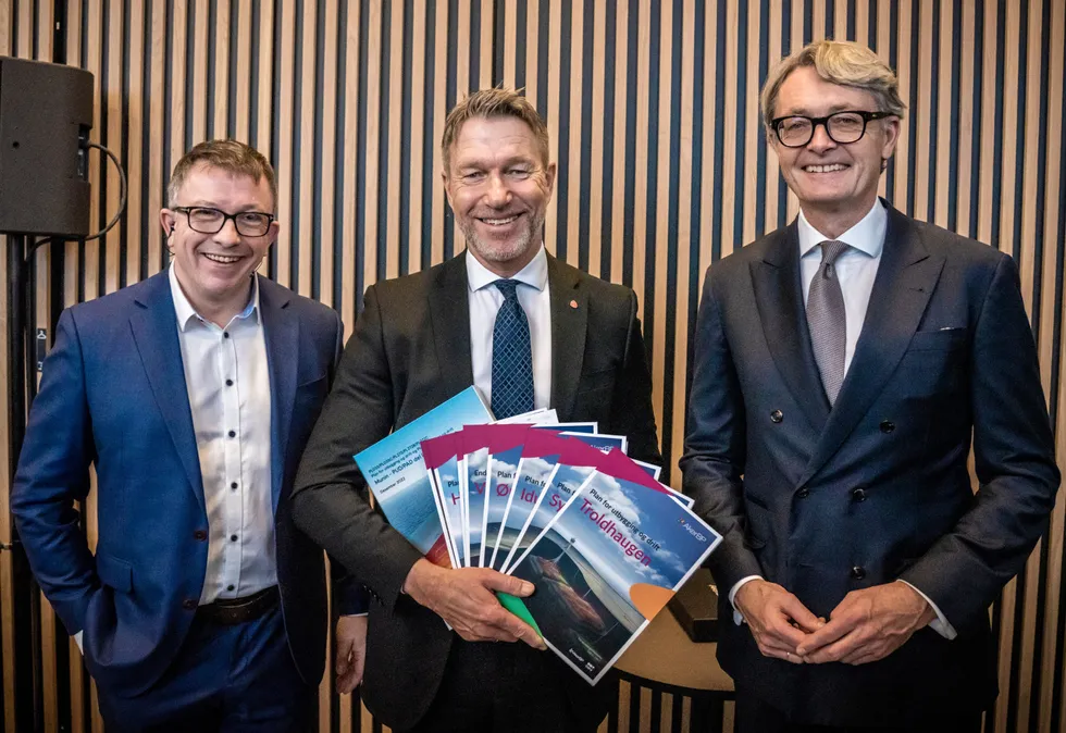 Happy trio: from left, Aker BP chief executive Karl Johnny Hersvik, Norwegian Energy Minister Terje Aasland and Aker ASA head Oyvind Eriksen.