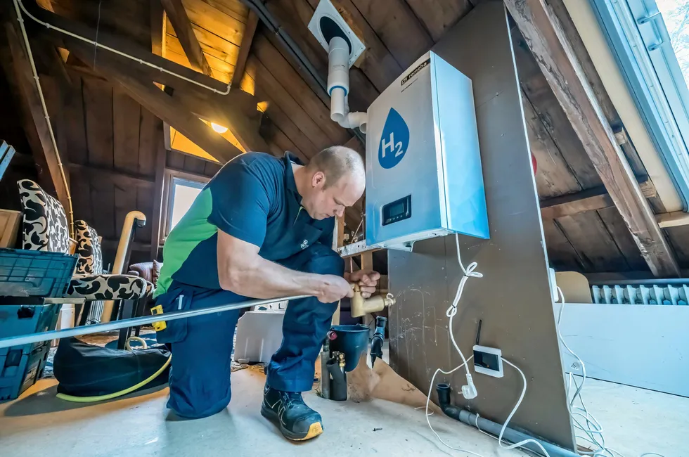 A hydrogen boiler being fitted in a heating trial in the Dutch town of Lochem.