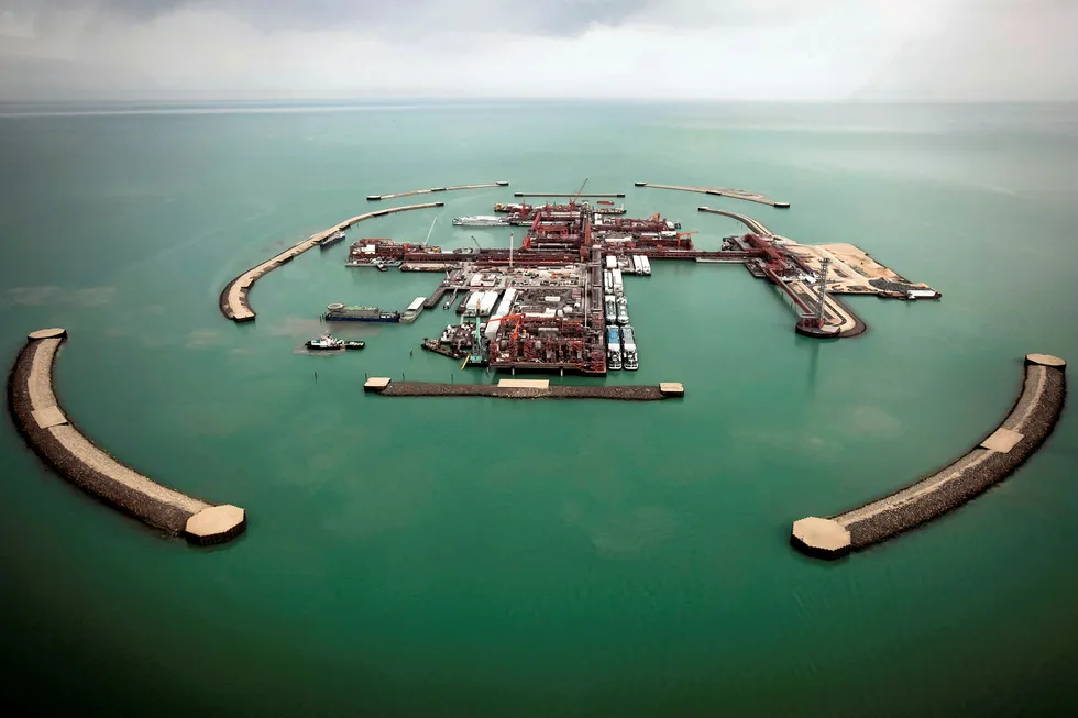 Offshore asset: aerial view of artificial islands at the Kashagan oilfield in the Caspian Sea