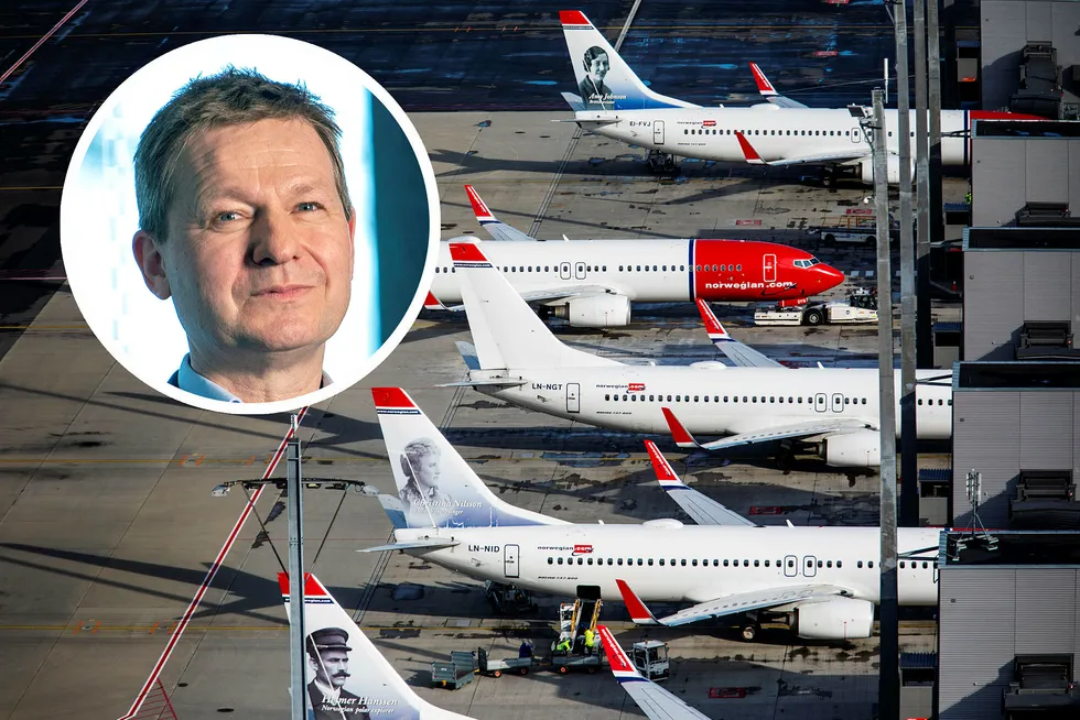 Pål Ringholm (innfelt) i Sparebank 1 Markets sier flybransjen er ett av to mest utsatte i kredittmarkedet nå – men vil ikke kommentere Norwegian spesielt. Han ber staten ta mer risiko enn under finanskrisen.